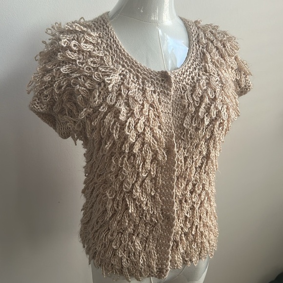 American Rag Women’s Shaggy Wool Blend Short Sleeve Boho Crop Cardigan Tan XS - Picture 2 of 9